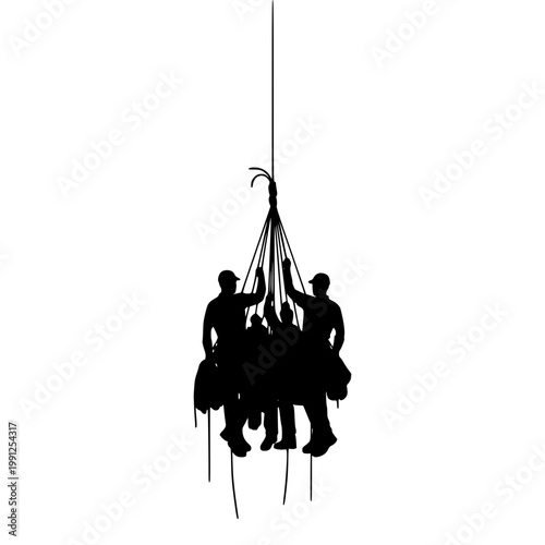 Silhouette of a Group of People Rescued or Working on a Rope