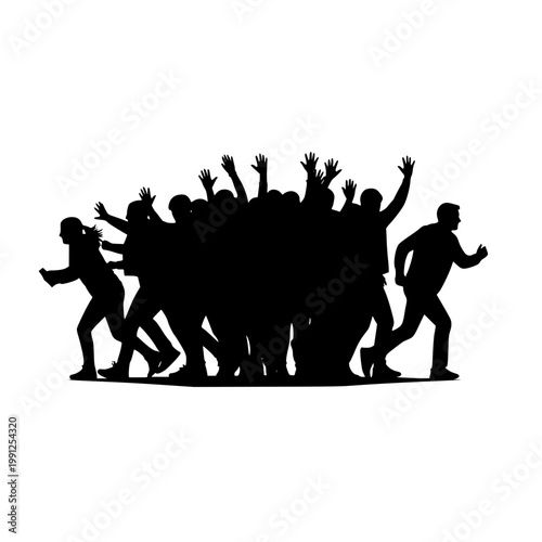 Silhouette of a large crowd cheering and running