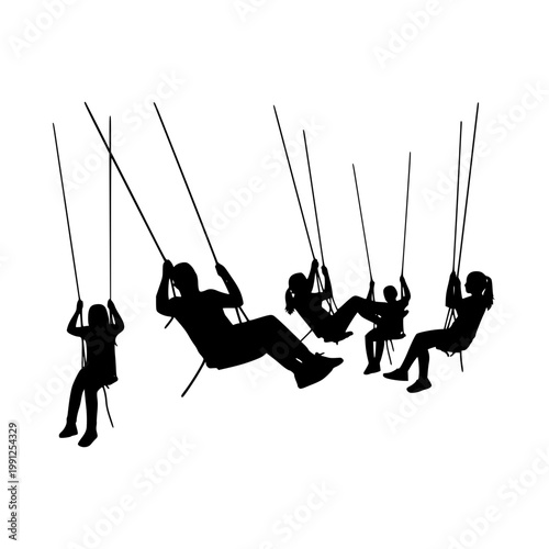 Silhouette of a group of people playing on swings