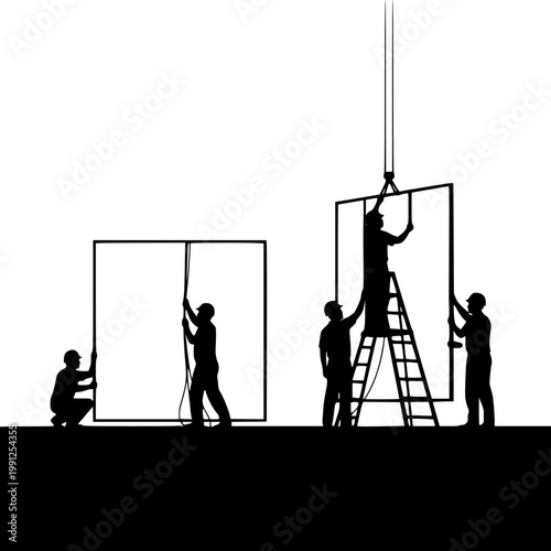 Silhouette of construction workers installing large windows at a building site