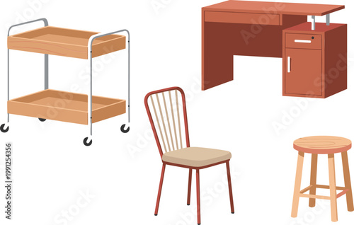 Furniture Collection Illustration Featuring Wooden Desk, Rolling Utility Cart, Chair, and Stool for Home Interior Design, Office Setup, and Modern Living Spaces