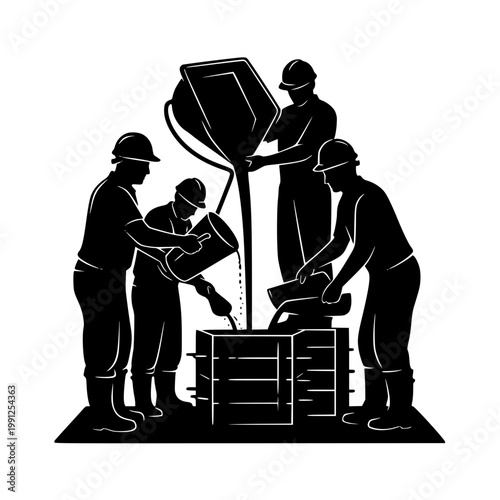 Silhouette of Construction Workers Pouring Concrete into a Mold