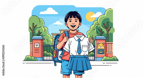 Happy schoolgirl with backpack smiling outside.