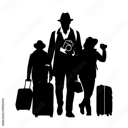 Silhouette of family travelers with suitcases and camera on white background