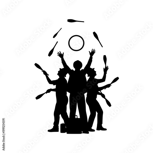 Silhouette of Juggling Performance Team with Clubs and Hoops