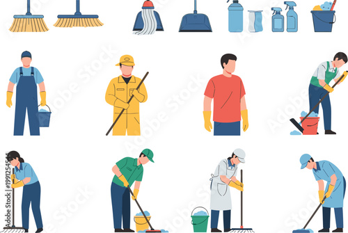 Cleaning service set with workers tools and equipment janitors mopping sweeping and housekeeping illustration isolated on white background