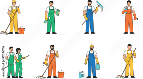 Cleaning workers set with janitors using tools and equipment professional service people illustration collection isolated on white background