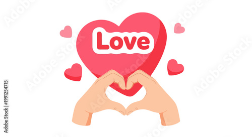 Hands forming heart shape with love text on heart.