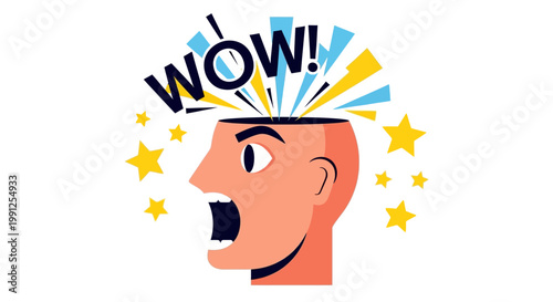 Surprised person head with wow explosion and stars.