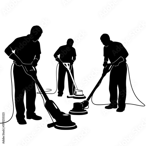 Professional Cleaning Crew Using Floor Polishing Machines Silhouette