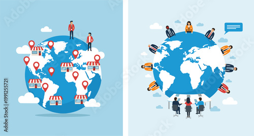 Global Business and Location Network Illustration Showing World Map with Markers, International Team Collaboration, and Worldwide Communication for Corporate, Travel, and Technology Concepts
