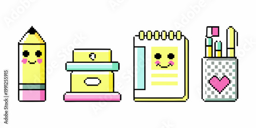 Cute pixel art stationery pencil eraser notepad and pen holder