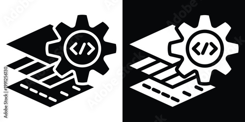 Software Development and Automation Icon. Coding Gear with System Integration and Programming Process for App UI, Black and White