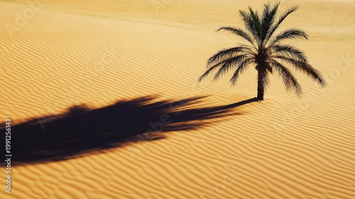 A palm tree is in the sand with a shadow behind it