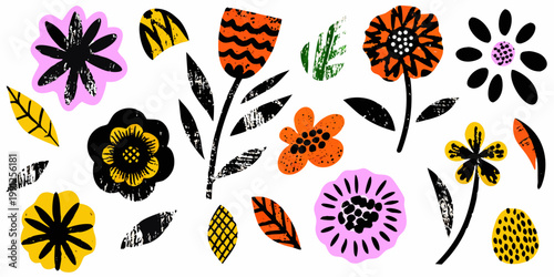 Abstract floral arrangement with bold colors and unique shapes