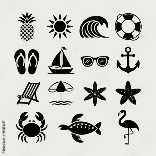 Summer Beach and Tropical Vacation Black Silhouette Icon Set