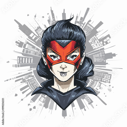 Dynamic Superheroine Face With Red Mask And City Background Vector Illustration