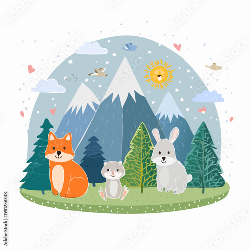 Cute Cartoon Forest Animals Family Sitting Together With Mountains And Sun Illustration