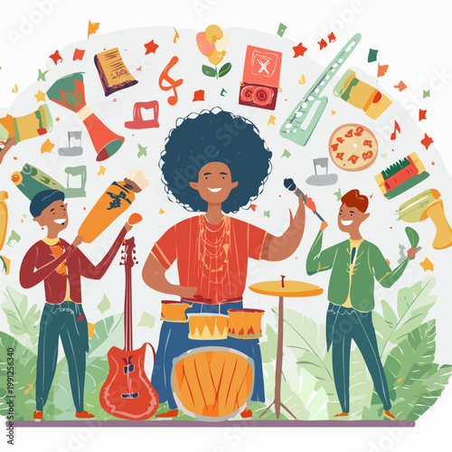 Vibrant Community Music Band Performing Together With Instruments And Confetti