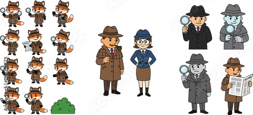 Cute detective characters cartoon set with fox detective and human investigators holding magnifying glass vector illustration