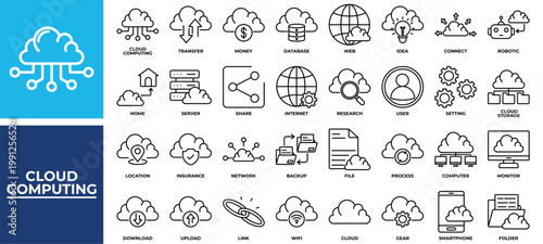 Cloud Computing icon set collection. Containing link, share, think, transfer, database, server, computing .Line vector icons collection