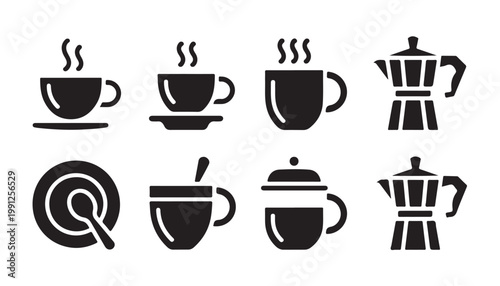 Coffee and tea icons collection with mugs and pots vector silhouette design elements set.