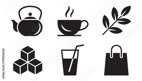 Tea making supplies and grocery shopping bag vector silhouette icons for retail and kitchen.