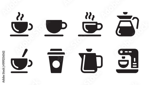 Set of coffee icons, isolated on white background, design element for menu and cafe branding.