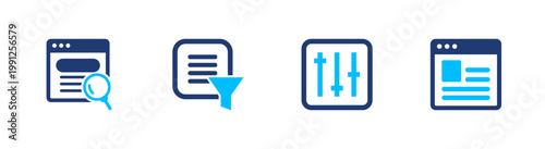 Search filter icon set. find, sort, refine, query, data. solid style icon collection.