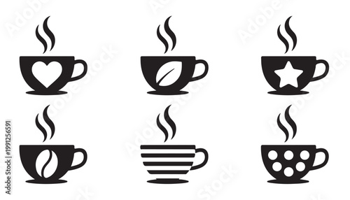 Set of coffee cups with various designs, isolated on white background, for menu and cafe branding.