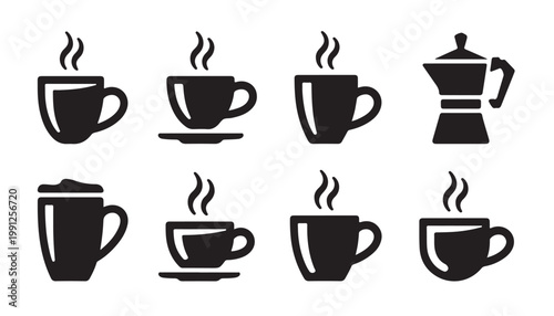 Collection of hot steaming coffee cups and moka pot in flat black simple icons.