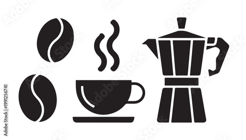 Collection of coffee related icons including coffee beans, a steaming cup, and a moka pot.