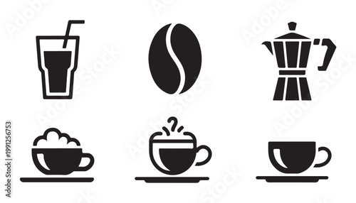 Various coffee cups and moka pot, coffee bean and glass with straw icons.