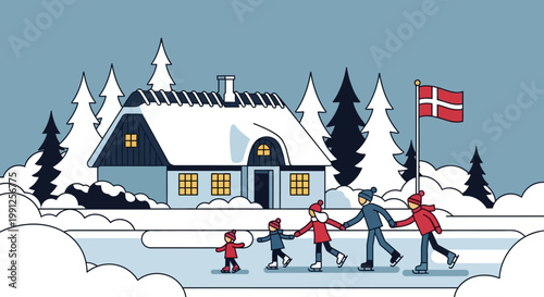 Family ice skating in front of snow-covered house with Danish flag