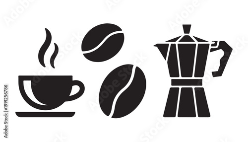 Kitchenware collection featuring espresso cup coffee beans and classic moka pot brew tools.
