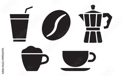 Simple icons set of coffee elements: glass, bean, moka pot, cup.