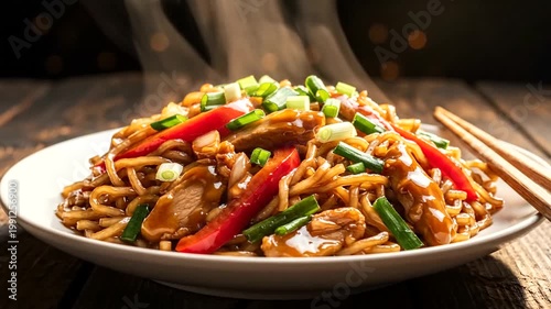 Delicious Stir-Fried Noodles with Chicken and Vegetables Served Hot.