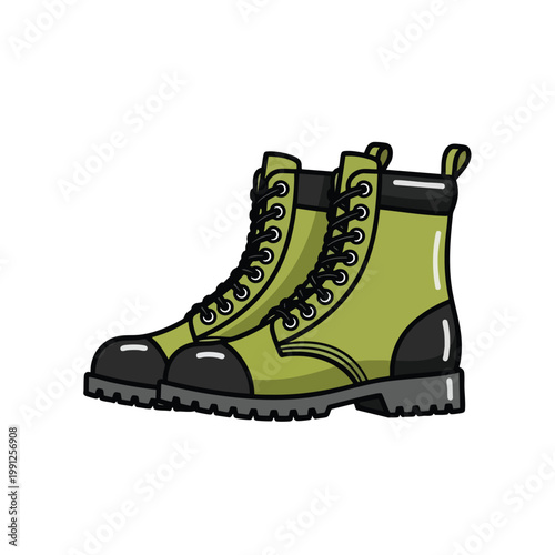 Illustration of a pair of stylish green combat boots with black accents.