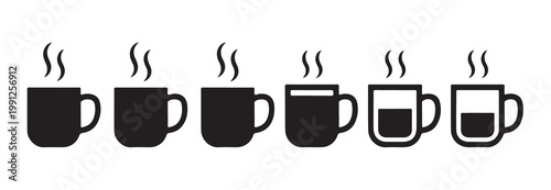 Six silhouettes of cups and mugs with hot steam. Vector illustration for beverage.