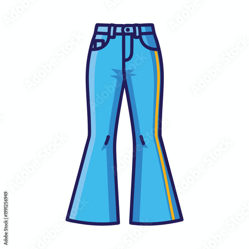 Cartoon Illustration of Retro Blue Flare Jeans with Yellow Side Stripe.