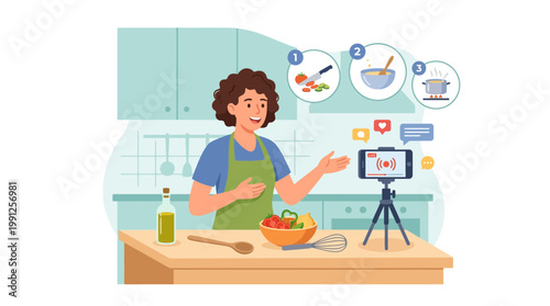 Woman Cooking Food in Kitchen Using Smartphone and Camera.