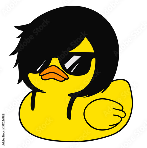 Emo rock rubber duck with black hair sunglasses cool bath toy cartoon character