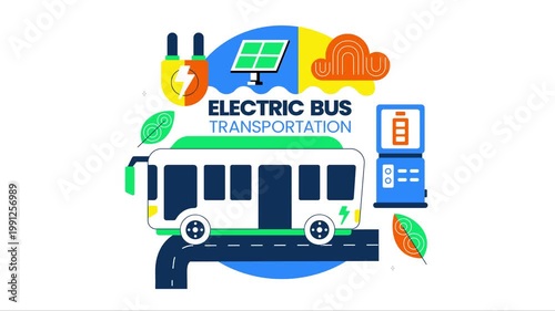 Animation of Electric Bus Transportation Illustration Featuring an Electric City Bus Charging at a Power Station