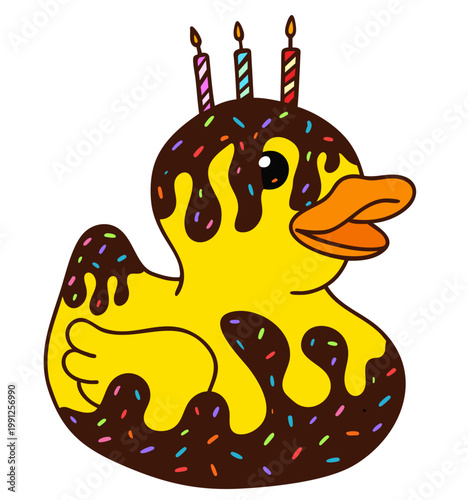 Tableau sur toile Birthday cake rubber duck with chocolate glaze candles sprinkles bath toy cartoo