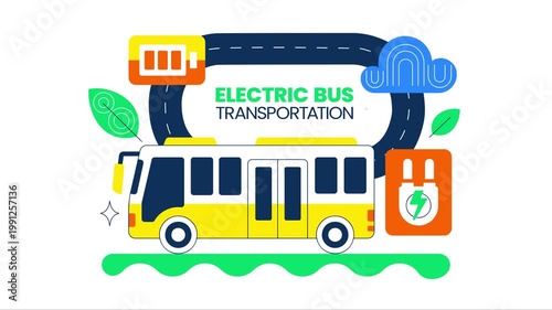 Animation of Electric Bus Transportation Illustration Featuring an Electric City Bus Charging at a Power Station