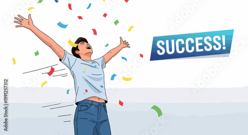 Man Celebrating Success with Arms Raised.