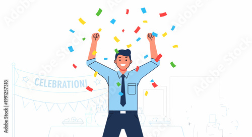 Man Celebrating with Confetti in Air.