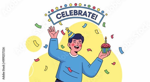 Man Celebrating With Cupcake And Banner.