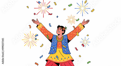 Man Celebrating with Fireworks and Confetti.
