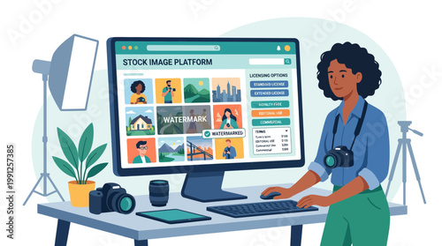 Woman Photographer Working at Computer Desk with Camera and Equipment.